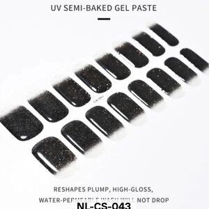 Black French Glitter Full Nail 16 Semi Cured Gel Nails - Needs UV Curing